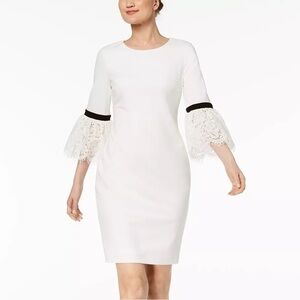 Calvin Klein White Sheath Dress with Lace Bell Sleeves and Black Trim